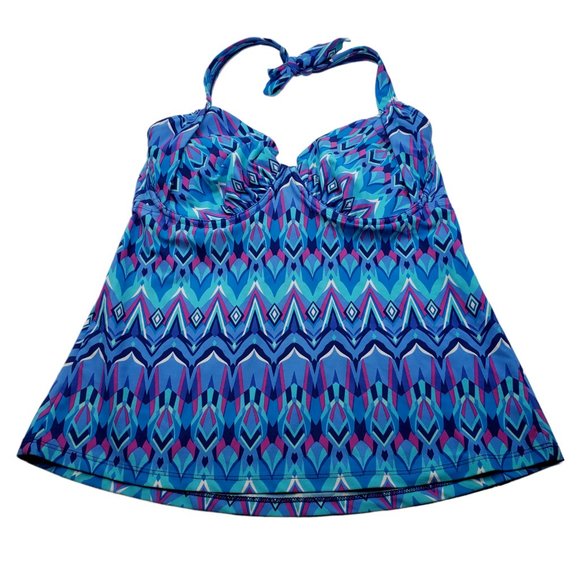 Diva Other - Beach Diva Blue Pink Geometric Tankini Swim Suit Top Size 34DD Built in bra